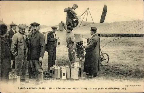 Ak Raid Paris-Madrid, 21. Mai 1911, Védrines au départ d'Issy fait son plain d'Automobiline