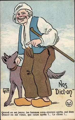 Künstler Ak Griff, Nos Dict-on, Mann mit Hund, Quand on est jeune, les femmes vous courent apres...