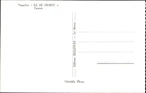 Ak Paquebot Ile de France, CGT French Line, Transatlantique, Fumoir