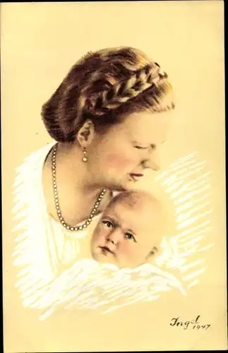 Künstler Ak Ingel, Königin Juliana der Niederlande mit Prinzessin Christina