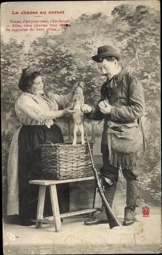 Ak Jäger und eine Frau, Beute, La Chasse au Corset, Korb