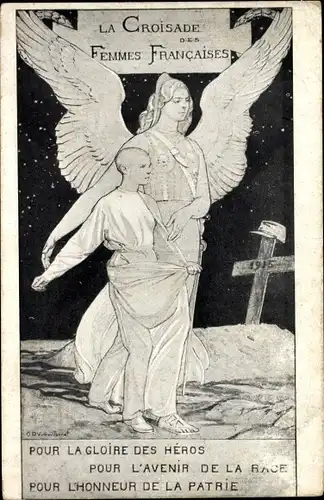 Künstler Ak La Croisade des Femmes Francais, Kriegerin, Engel, Junge, Soldatengrab