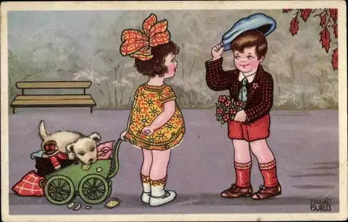 Künstler Ak Boriss, M., Liebespaar, Mann mit Blumenstrauß, Hund