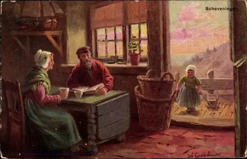 Künstler Ak Gerstenhauer, Johann Georg, Mann und Frau an einem Tisch, Mädchen