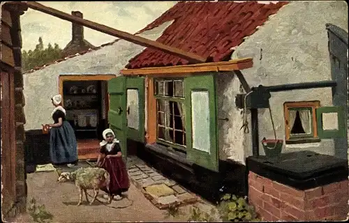 Künstler Ak Gerstenhauer, J, G., Landhaus, Frau u. Mädchen in niederländischer Tracht, Schaf