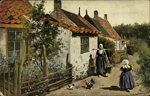 Künstler Ak Gerstenhauer, Johann Georg, Frau und Mädchen in niederländischen Trachten