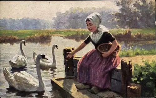 Künstler Ak Gerstenhauer, J. G., Mädchen füttert drei Schwäne am Wasser, Brotkrümel