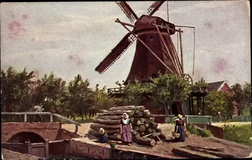 Ak Niederlande, Ansicht der Windmühle, Frauen, Holz