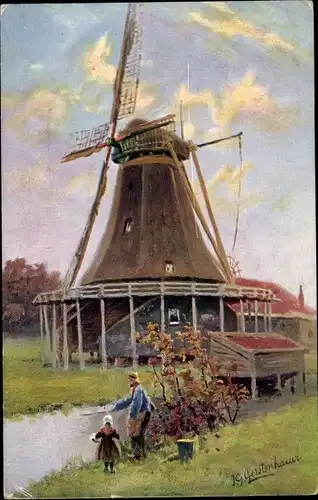 Künstler Ak Gerstenhauer, J. G., Windmühle, Mann und Mädchen am Fluss