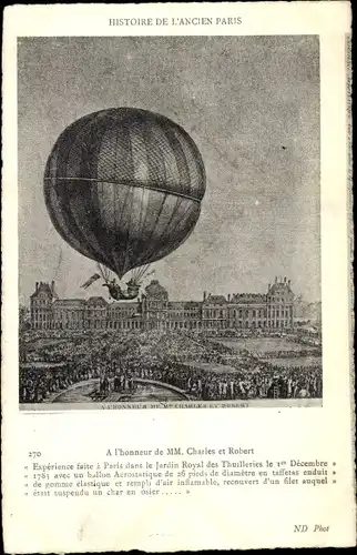 Ak Histoire de l'Ancien Paris, A l'honneur de MM. Charles et Robert, Ballon über Paris