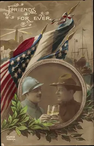 Ak Friends for Ever, Französische und Amerikanische Soldaten, Freundschaft