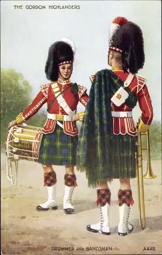 Ak The Gordon Highlanders, Drummer and Bandsam, Britische Soldaten in Uniformen