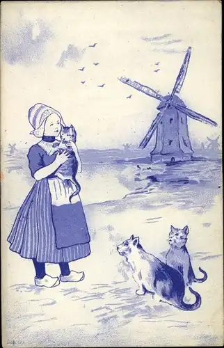 Künstler Ak Mädchen in niederländischer tracht mit Katzen, Windmühle