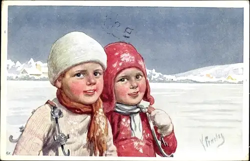 Künstler Ak Feiertag, K., Kinder, Portrait, Winter, Mütze