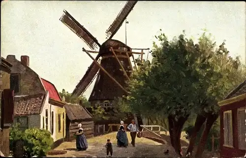 Ak Niederlande, Dorfansicht, Windmühle, Anwohner, Niederländische Tracht