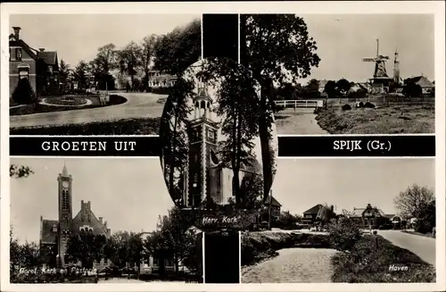 Ak Spijk Groningen, Windmühlen, Haven, Geref. Kerk en Pastorie, Herv. Kerk