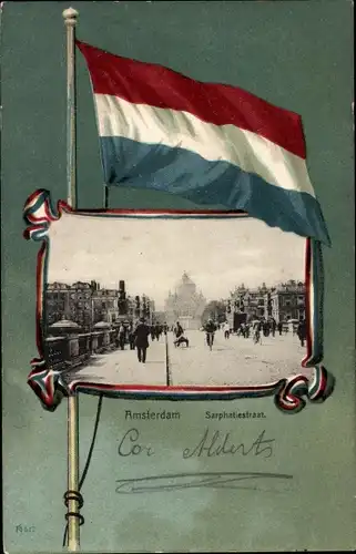 Passepartout Ak Amsterdam Nordholland Niederlande, Sarphatiestraat, Flagge