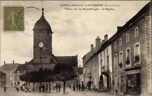Ak Conflans sur Lanterne Haute Saône, Place de la Republique, l'Église