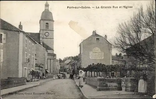 Ak Port sur Saône Haute Saône, La Grande Rue et l'Église
