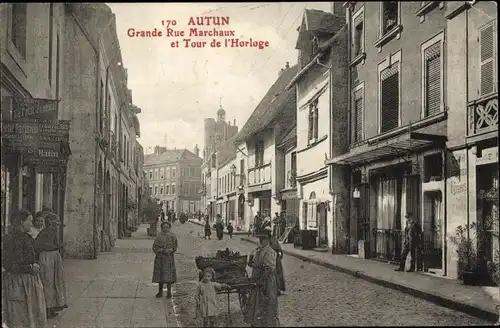 Ak Autun Saône-et-Loire, Grande Rue Marchaux et Tour de l'Horloge