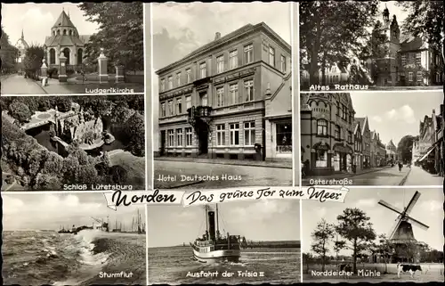 Ak Norden Ostfriesland, Hotel Deutsches Haus, Norddeicher Mühle, Altes Rathaus, Frisia, Lütetsburg