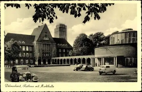 Ak Delmenhorst in Oldenburg, Rathaus mit Markthalle, Außenansicht, Autos