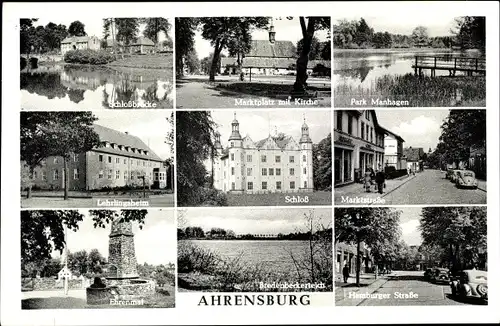 Ak Ahrensburg in Schleswig Holstein, Marktplatz mit Kirche, Park Manhagen, Schloss, Ehrenmal