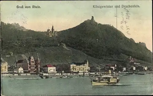 Ak Königswinter am Rhein, Drachenfels, Rhein, Panorama, Schiff