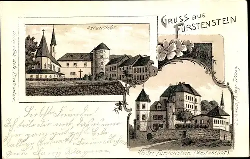 Litho Fürstenstein in Niederbayern, Ostansicht, Blick auf das Kloster