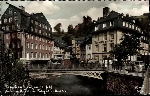 Ak Monschau Montjoie in der Eifel, Brücke über die Rur, Kurhotel Horchem, Burgruine Haller