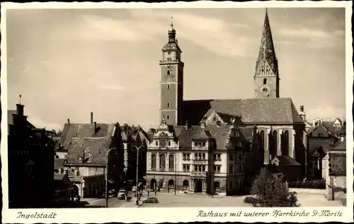 Ak Ingolstadt an der Donau Oberbayern, Rathaus mit unterer Pfarrkirche St. Moritz
