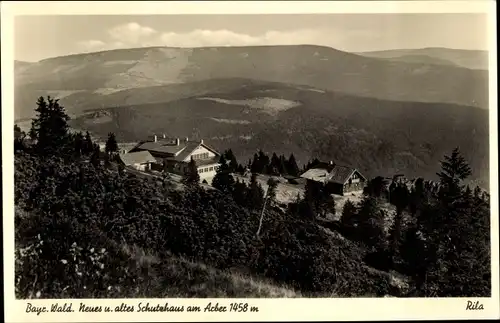 Ak Bayerisch Eisenstein Bayr. Wald, Neues und altes Schutzhaus am Arber, Panorama