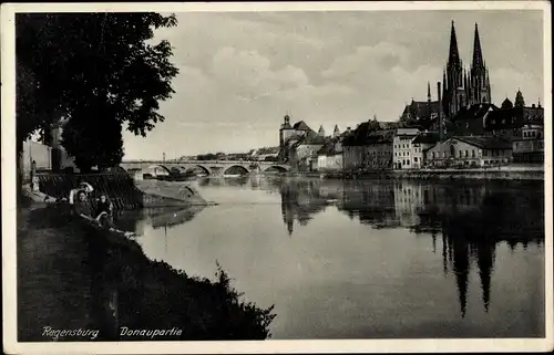 Ak Regensburg an der Donau Oberpfalz, Donaupartie, Dom, Fluss, Brücke