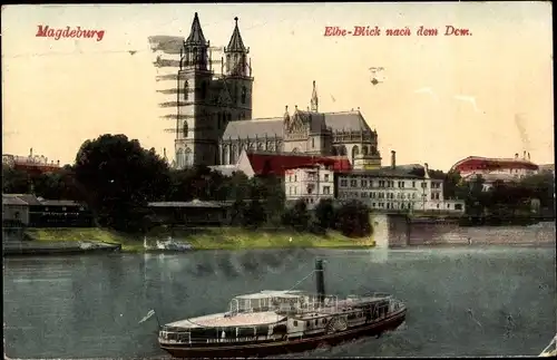 Ak Magdeburg an der Elbe, Elbe-Blick zum Dom, Schiff