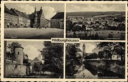 Ak Hildburghausen in Thüringen, Markt, Totale, Stadtmauer, Oberschule, Gedächtnisbrücke