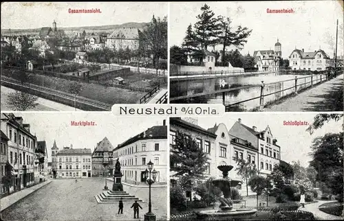 Ak Neustadt an der Orla, Gesamtansicht, Gamsenteich, Marktplatz, Denkmal, Schloss, Brunnen