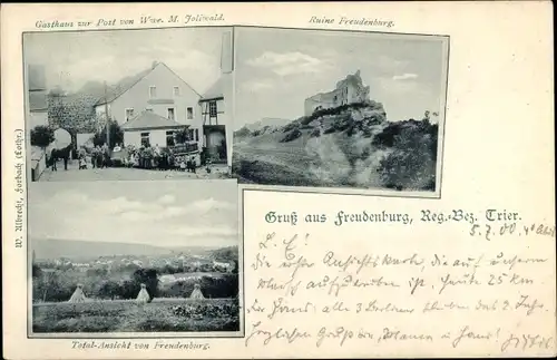 Ak Freudenburg im Bezirk Trier, Gasthof zur Post, Ruine Freudenburg, Totale