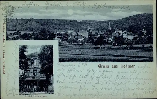 Mondschein Ak Lohmar in Nordrhein Westfalen, Gesamtansicht, Hotel Hermanns