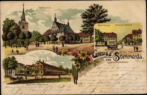 Litho Sömmerda im Thüringer Becken, Marktplatz, Hotel Schwan, Kronbiegelstraße, Munitionsfabrik