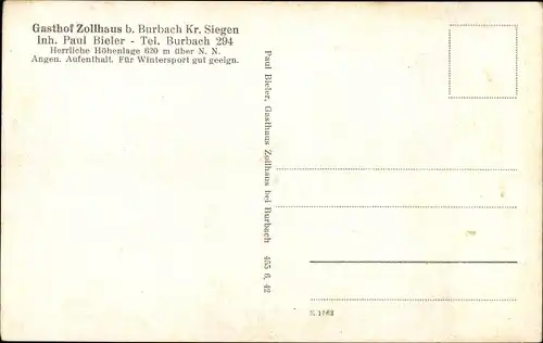 Ak Burbach im Siegerland, Gasthof Zollhaus