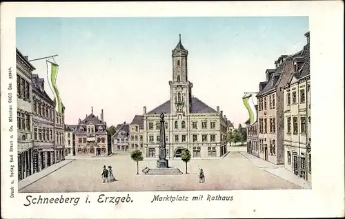 Leuchtfenster Ak Schneeberg im Erzgebirge, Rathaus, Marktplatz