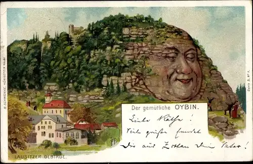Künstler Litho Oybin im Zittauer Gebirge, Teilansicht der Ortschaft mit Berg, Gesicht