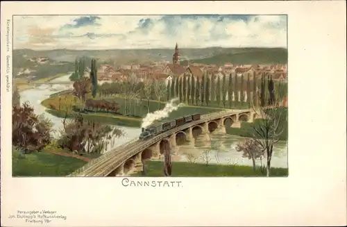 Litho Cannstatt Stuttgart in Baden Württemberg, Stadtpanorama, Eisenbahnbrücke, Dampflok