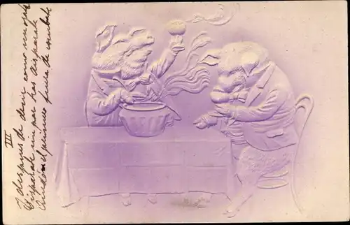 Präge Litho Vermenschlichte Schweine trinken Punsch