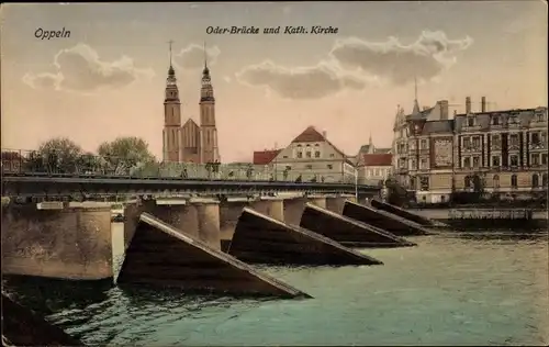 Ak Opole Oppeln Schlesien, Oderbrücke mit katholischer Kirche