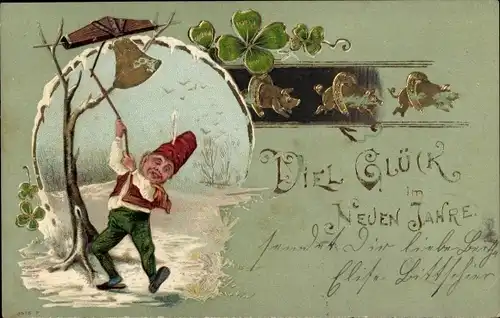 Winter Präge Litho Glückwunsch Neujahr, Zwerg läutet eine Glocke, Kleeblätter, Schweine
