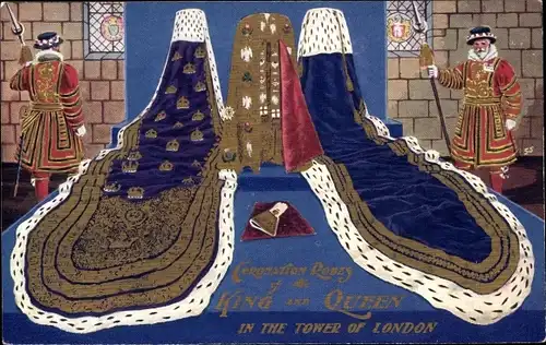 Künstler Ak London, Coronation Robes of the King and Queen in the Tower of London, Beefeaters