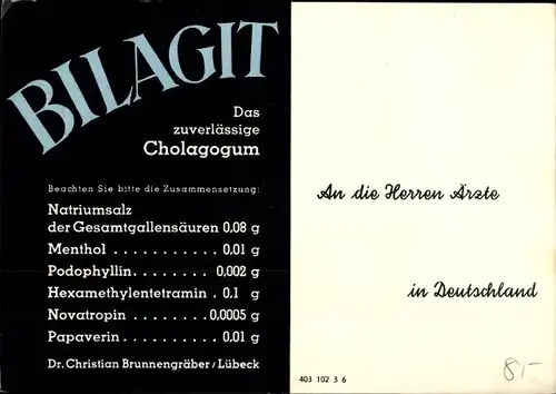 Ak Reklame, Bilagit, Cholagogum, Dr. Christian Brunnengräber, Lübeck