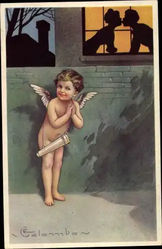 Künstler Ak Colombo, E., Amor vor einem Fenster, küssendes Liebespaar