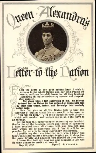 Ak Queen Alexandra's letter to the Nation 1910, Portrait